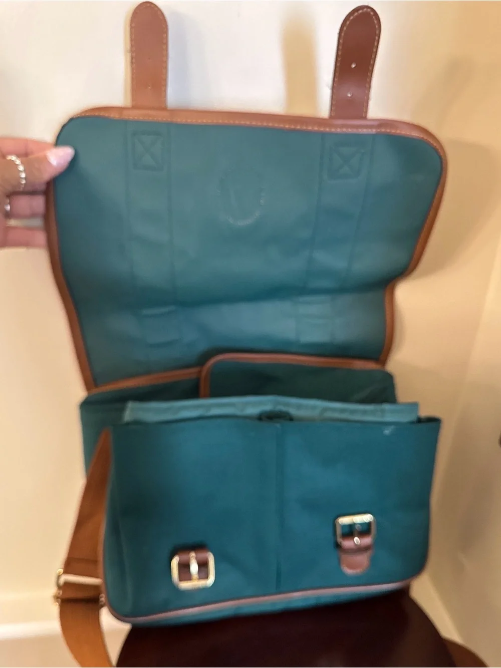 Ralph Lauren Green Canvas Messenger with Brown Leather Trim